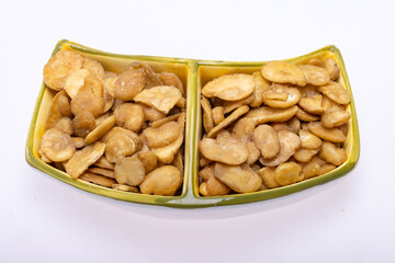 Roasted and salted fava beans for a healthy vegan and vegetarian diet snack. High in protein, vitamins, dietary fibre and nutrients