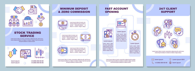 Stock trading service brochure template. Minimum deposit. Flyer, booklet, leaflet print, cover design with linear icons. Vector layouts for presentation, annual reports, advertisement pages