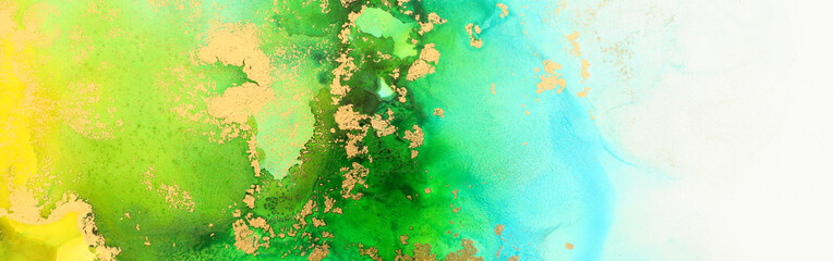 art photography of abstract fluid art painting with alcohol ink, blue, green and gold colors