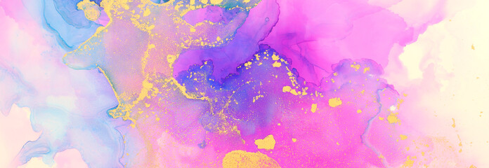 art photography of abstract fluid art painting with alcohol ink, blue, pink, purple and gold colors