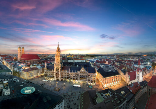 Aerial view of beautiful Munich Old Town at sunset