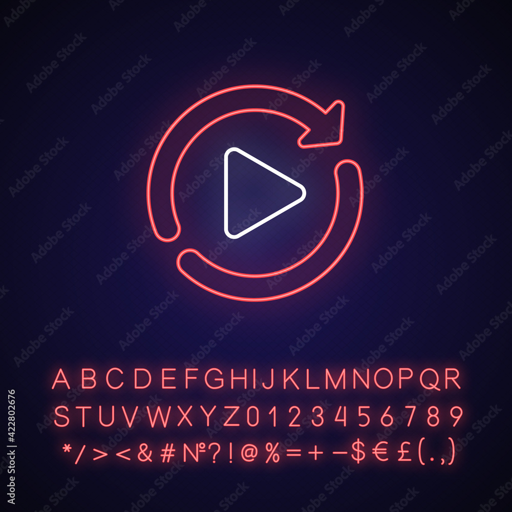 Fototapete Restart neon light icon. Media player interface element, play again button. Digital entertainment. Outer glowing effect. Sign with alphabet, numbers and symbols. Vector isolated RGB color illustration