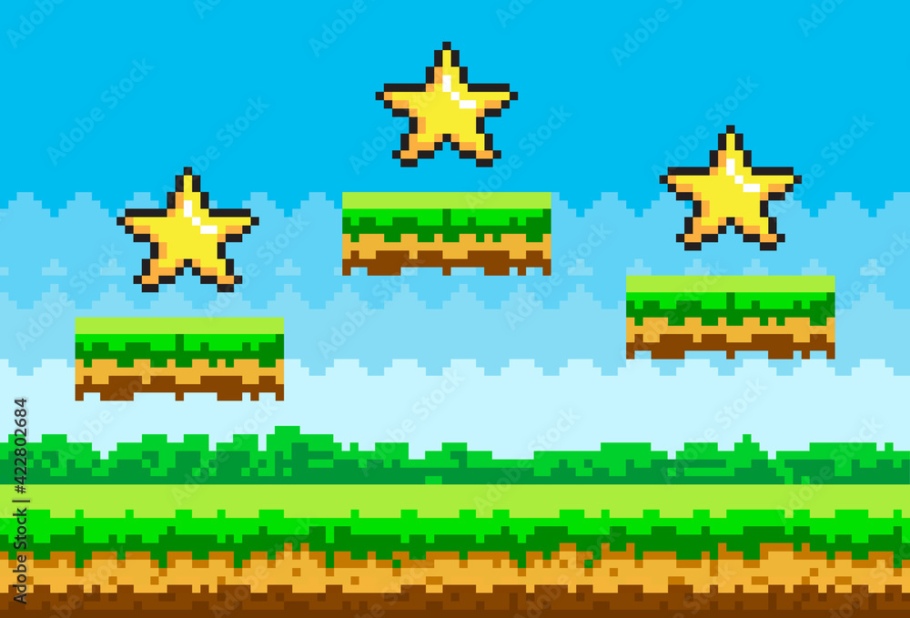 Poster pixel art style vector stars for retro pixel-game. shiner golden object pixelated awards for player