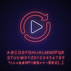 Fototapeta na wymiar Restart neon light icon. Media player interface element, play again button. Digital entertainment. Outer glowing effect. Sign with alphabet, numbers and symbols. Vector isolated RGB color illustration