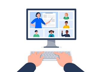 Video call with teacher and classmates. Using a computer for education during an epidemic. Vector flat illustration.