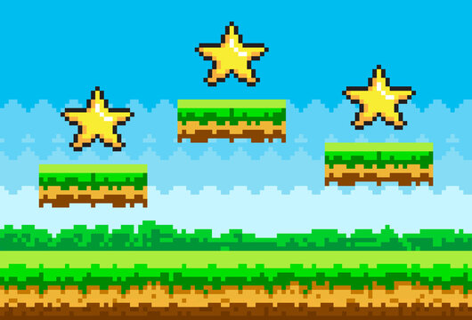 Pixel art style vector stars for retro pixel-game. Shiner golden object pixelated awards for player