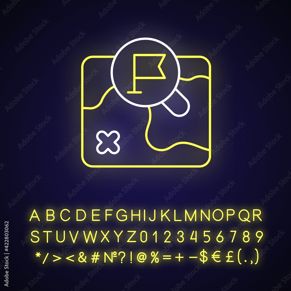 Poster map neon light icon. videogame navigation, treasure hunt. adventure game menu element. outer glowing