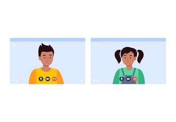 Fototapeta premium An Indian boy and a girl talk on a video call. Virtual communication with friends, classmates. Vector flat illustration.