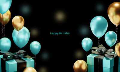 3D rendering background, happy birthday, gift, postcard, balloon gold black