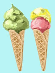 Two ice cream cones. Isolated illustration on a light blue background.