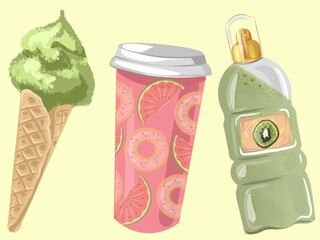 Set of food illustrations of ice cream, coffee cup, drink in a bottle. Isolated illustrations