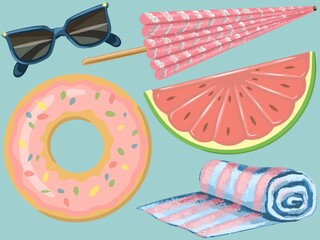 Set of illustrations of summer beach holidays. Sunglasses, towel, umbrella, swim ring and mattress. Isolated elements