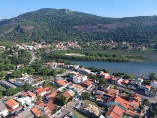 Naklejka na ściany i meble Aerial view of the Piratininga lagoon in Niterói, Rio de Janeiro. Sunny day. Drone photo