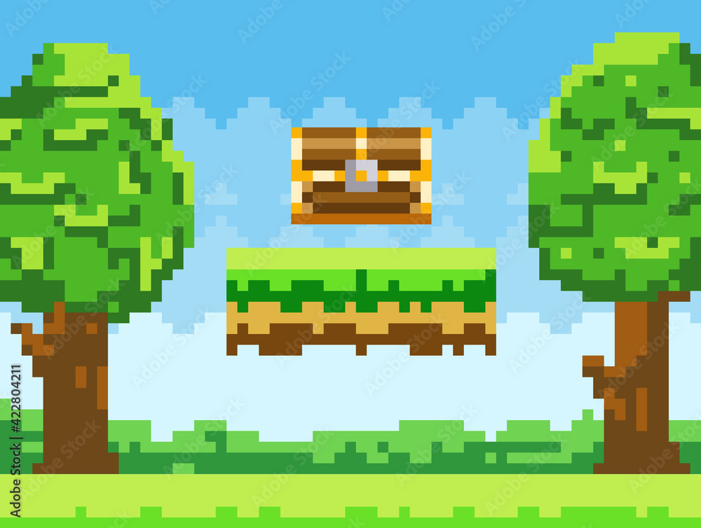 Poster pixel-game background with chest in sky. pixel art scene with green grass platform and tall trees