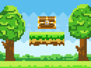 Pixel-game background with chest in sky. Pixel art scene with green grass platform and tall trees