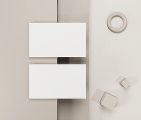 Blank white business cards mockup. Mockup of two horizontal business cards. Modern template for branding identity. 3d rendering.