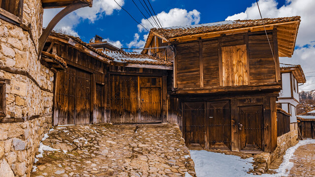 Bulgaria Koprivshtitsa old city cobblestone street in winter
