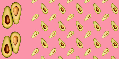 Avocado pattern on a pink background. Tropical abstract background.