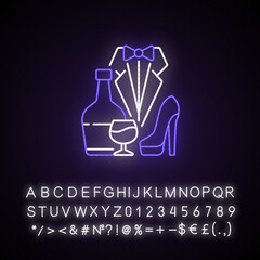 Bachelor party neon light icon. Drinks for event. Club for man. Special occasion. Stag party. Outer glowing effect. Sign with alphabet, numbers and symbols. Vector isolated RGB color illustration