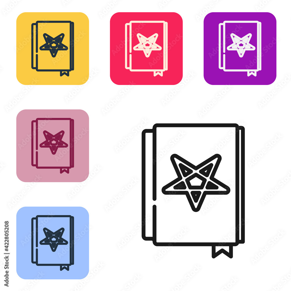 Poster black line ancient magic book with alchemy recipes and mystic spells and enchantments icon isolated 