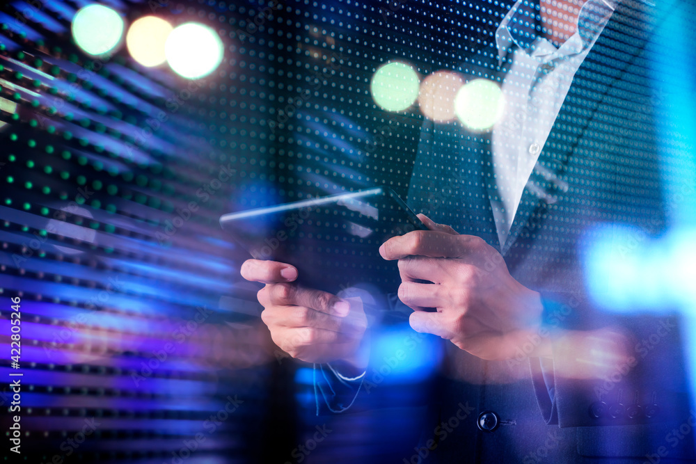 Poster smart businessman typing data on tablet mobile phone with futuristic technology ideas background, in