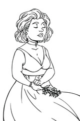 Cute cartoon girl holds in her hands a branch of flowers. Hand drawn vector illustration in outline on a white background