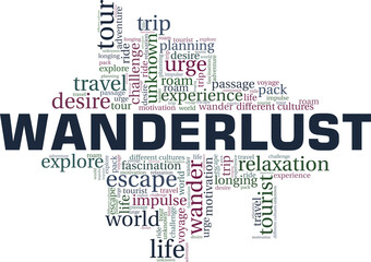 Wanderlust vector illustration word cloud isolated on a white background.