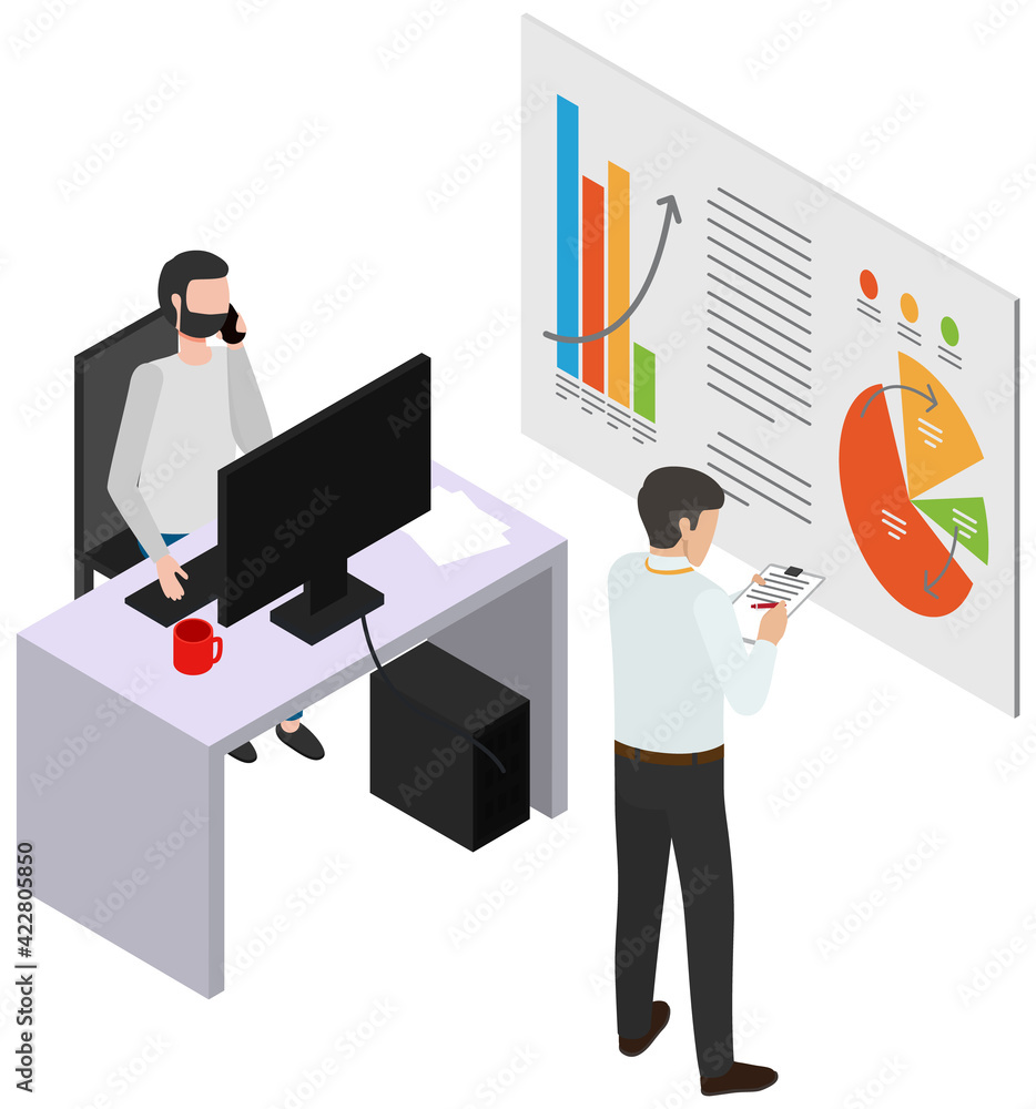 Poster man studies statistics shown on diagram and makes notes. men while working with data at workplace