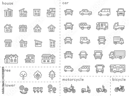 家と車と二輪車と植物のアイコンセット 隙間あり未拡張の線のみ 分類バージョン Wall Mural 深澤カラス