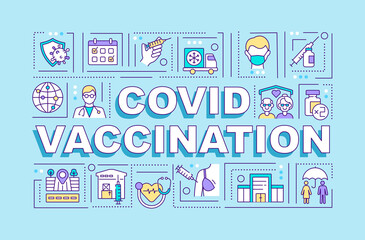 Fototapeta na wymiar Covid vaccination word concepts banner. Providing acquired immunity against disease. Infographics with linear icons on blue background. Isolated typography. Vector outline RGB color illustration