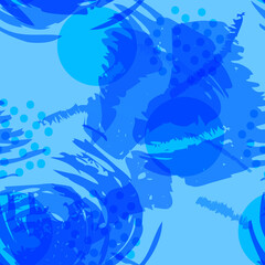 Monochrome abstract vector seamless pattern. Paint splashes and brush strokes in shades of blue color , inspired by oriental fabrics and textiles create  modern expressive background