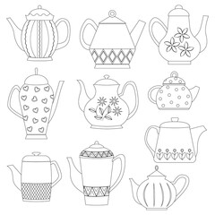 Vector set of contour teapots. Kitchen Utensils. Illustration. Flat Vector Teapot Set.
