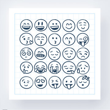 Pencil Drawing Smiley Emoji Face Pack in Blue
