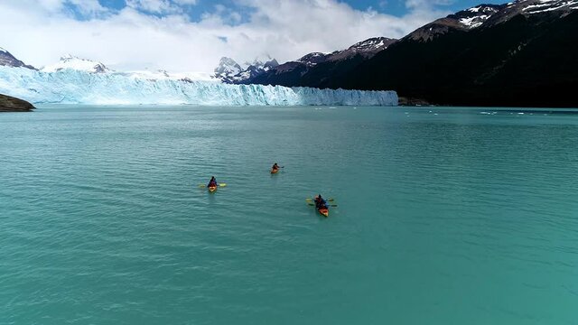 Aerial - Kayaking in Perito Moreno Glacier, Patagonia, Argentina, wide shot