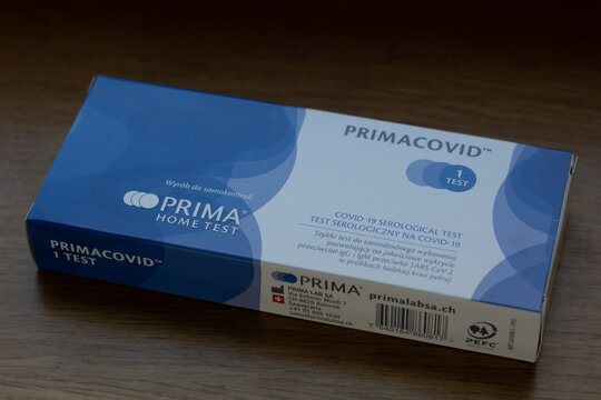 Katowice, Poland &ndash; March 20, 2021: Primacovid Covid-19 Serological Test for home use is available in Biedronka, Polish chain of grocery stores.