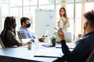 Business team wearing protective masks while meeting in the office during the COVID-19 epidemic. Woman presenting project to colleagues