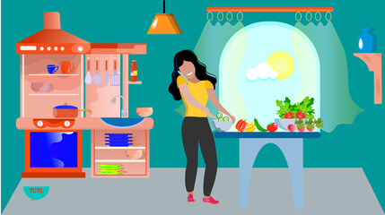 Smiling slim brunette female is speaking on mobile and cooking salad in the kitchen. Talking to somebody on the phone preparing vegetables. High quality illustration