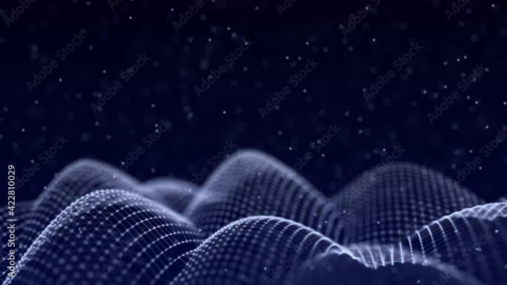 Poster The structure of connecting to the network of moving points. Information flow of particles. Digital background. 3D rendering.