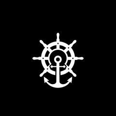 Steering Wheel with anchor icon isolated on dark background