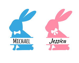Easter bunny with name. Rabbits boy and girl. Name Plate Design. Baby shower invitation template. Or a gift for the first day of birth.