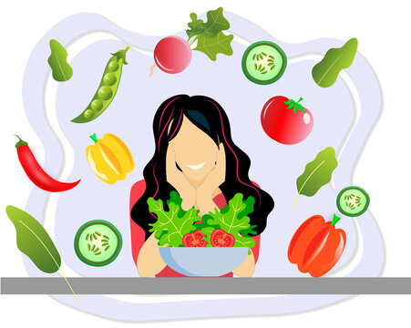 Healthy food eating concept, fresh organic vegetables, smiling slim your brunette sitting, healthy choice. High quality illustration