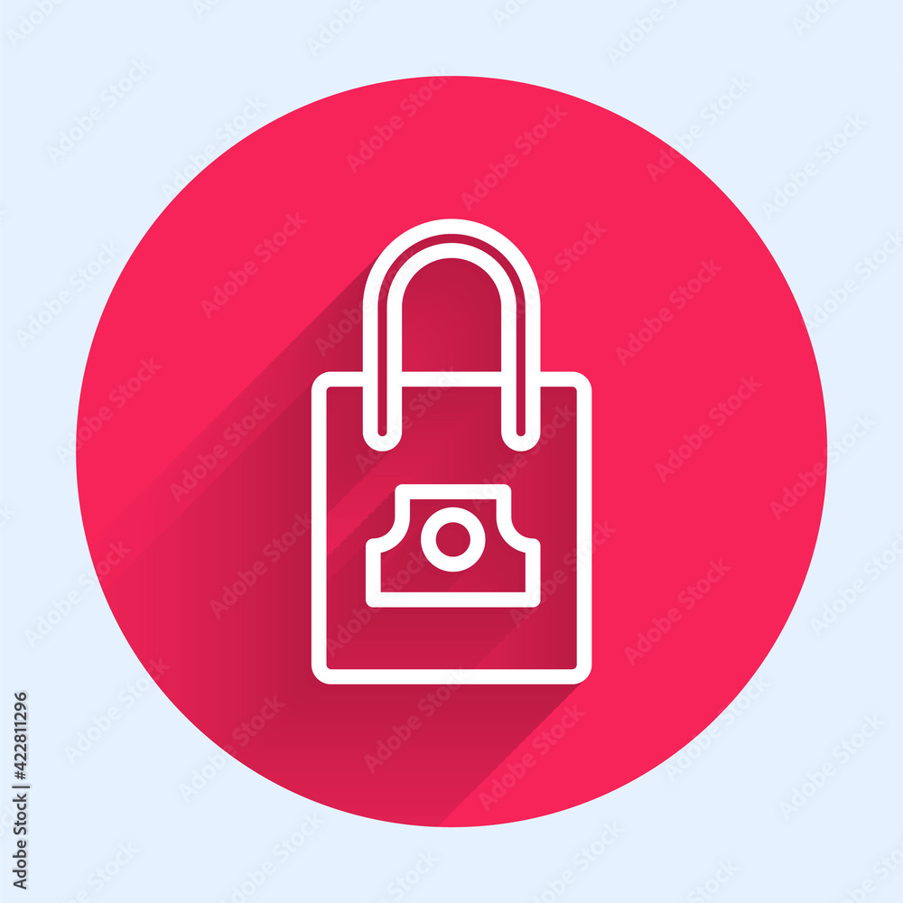 Poster white line paper shopping bag with spray can nozzle cap icon isolated with long shadow. red circle b