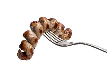Grilled spiral sausage on a fork isolated on white