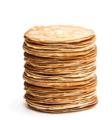 Stack of thin pancakes isolated on white