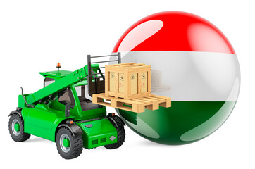 Fototapeta premium Hungarian flag with telescopic handler truck and parcel. Cargo shipping in Hungary concept, 3D rendering