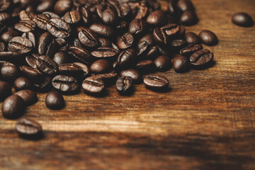 Coffee on grunge wooden background.Selective focus.	