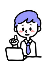 パソコンの前で指差しポーズをする会社員の男性のイラスト