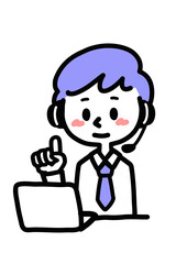 パソコンの前で指差しポーズをする会社員の男性_コールセンター