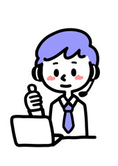 パソコンの前でグッドポーズをする会社員の男性_コールセンター