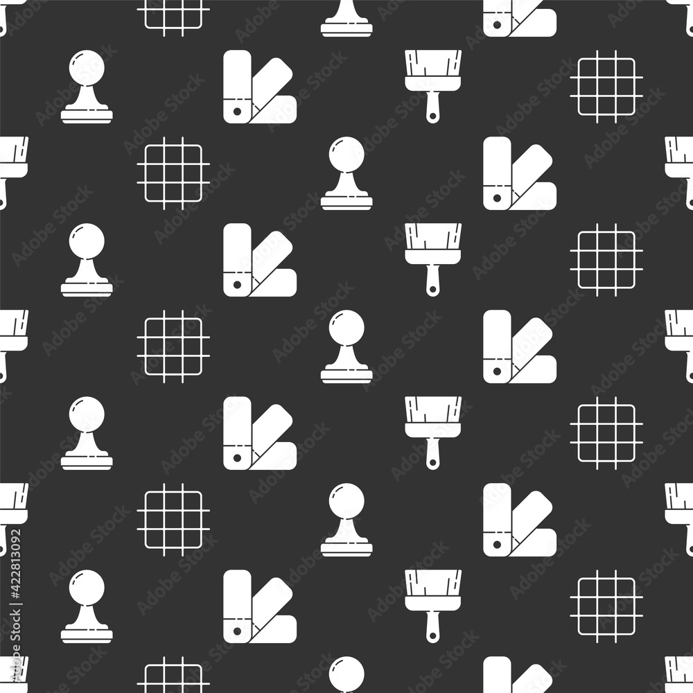 Poster set paint brush, grid graph paper, stamp and color palette guide on seamless pattern. vector
